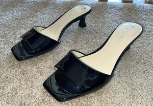 NEW Nine West Black Patent Mules WNINYA Kitten Heels Square Toe 2.5 In Heels 8 M - Picture 1 of 5