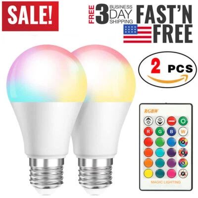 2 PCS 16 Color Changing Light Bulbs with Remote Dimmable LED Light Bulb E27 Base - Image 1 of 4