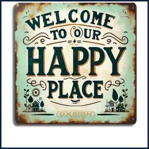 1pc Rustic Sign Welcome To Our Happy Place Metal Tin Sign 8x8" Charming Vintage - Picture 1 of 11