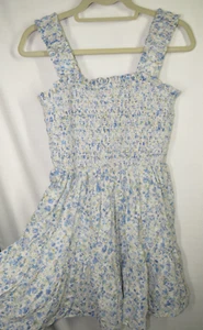 Aqua Women's White Blue Floral Eyelet Smocked Cotton Mini Dress Size Medium - Picture 1 of 6