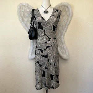 Y2K Romantic Dark Stretchy Fitted Dress Paisley V Neck Sleeveless Midi M Vampy - Picture 1 of 8
