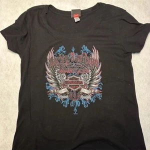 Harley Davidson Women's Black Wing Graphic T-Shirt Sz L Vintage Holsteins Omaha - Picture 1 of 4