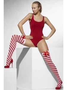 Adult Christmas Striped Red & White Bow Hold Ups - Picture 1 of 3