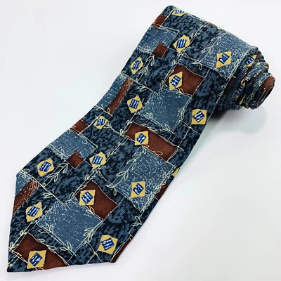 Cellini Linea Uomo 男式领带几何图案蓝色棕色 100% 真丝领带 — 第 1/4 张图片