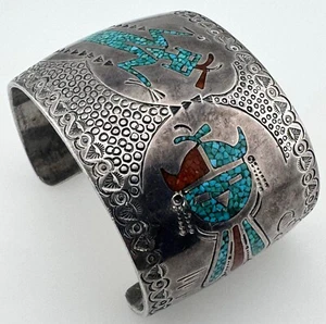 Men’s 8" c1970 Tommy Singer Navajo Silver chip inlay cuff bracelet 175 Grams - Picture 1 of 12