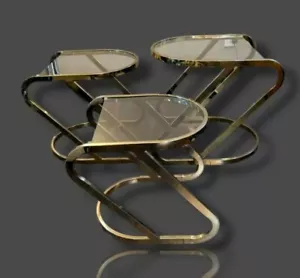 RARE VTG HOLLYWOOD RECENCY BOOMERANG STYLE BRASS & GLASS MCM NESTING TABLES - Picture 1 of 13