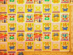 Baby Fabric By The Yard Bear Heart Patch Yellow White Pink Blue Green Cotton Vtg - Picture 1 of 2