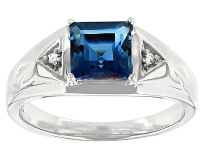 Topacio azul Londres natural con anillo de plata enchapado en oro blanco de 14K para hombre AJ374 Foto 1 de 4
