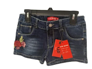 POP JEANS GIRLS SIZE 12 DARK WASH SOFT STRETCH DENIM ROSE EMBROIDERY SHORTS NWT - Picture 1 of 6