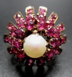 10K Gold Genuine Ruby & Pearl Vintage Dome Ring Size 7 - Picture 1 of 7