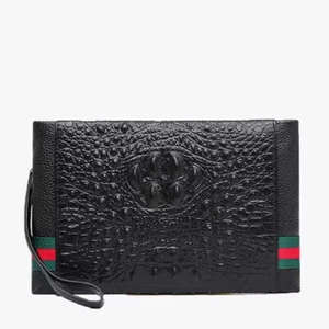 Black Genuine Leather Men's Envelope Bag, Crocodile Pattern Zipper Clutch Wallet - Picture 1 of 7