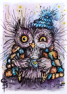 ACEO Owl Painting Hot cup Coffee Plaid cute Original Watercolor card small Art - Picture 1 of 2