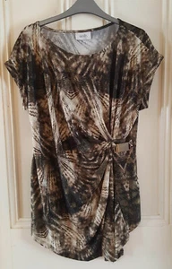 Lovely brown & gold stretchy cap-sleeve long top by Wallis - size Petite L - Picture 1 of 10