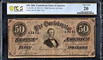 PCGS 20! 1864 CONFEDERATE STATES T-66 $50 NOTE - Image 1 of 2