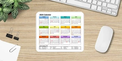 2026 Calendar Mouse Pad 9.5"x8" Non Slip Rubber Bottom Large Computer Holidays - Image 1 of 2