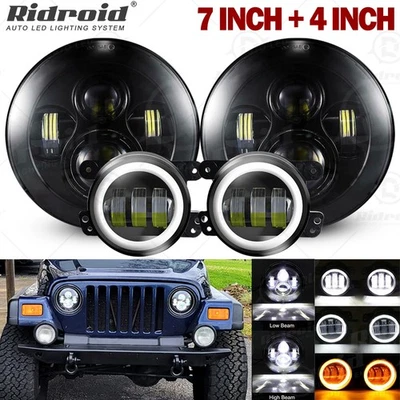 For 2007-2018 Jeep Wrangler JK JKU 7 Inch LED Headlights Halo Fog Lights Combo - Image 1 of 4