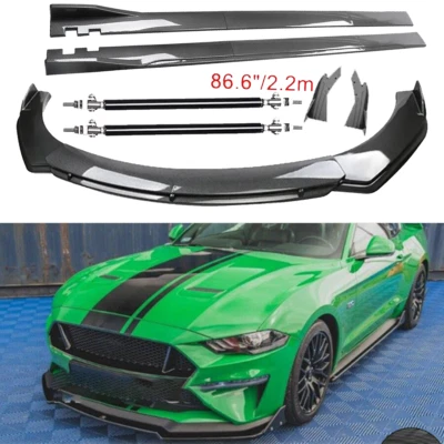 Carbon Fiber Front Bumper Lip Spoiler 86.6" Side Skirt Kit For Ford Mustang Foto 1 de 4