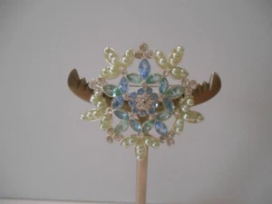 Upcycled 2 1/2" Pin/Brooch in SP Setting w/Green/Blue/Clear Crystals & Beads - Picture 1 of 4