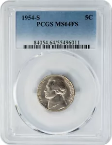 1954-S Jefferson Nickel 5c MS64 FS PCGS 949241-3 - Foto 1 di 4