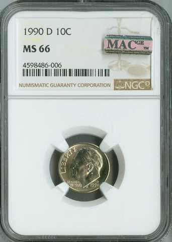 1990 D Roosevelt Dime NGC MS66 MAC Spotless  - ECC Cover
