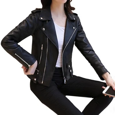 Women Casual All-match Faux Leather Jacket Slim Motorcycle Biker Leather Jacket - Image 1 of 4