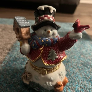 Trinket Box Porcelain Ceramic Snowman Figurine 5” Tall Hinged - Picture 1 of 11