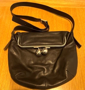 kawa-kawa Made in Japan Shoulder Bag Leather BLK Plain Black Bag kuchigane - Picture 1 of 10