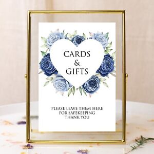 Wedding Table Sign Navy Blue Heart Flowers, Cards & Gifts Sign - Size A3, A4, A5