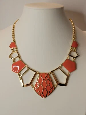 Thalia Sodi Necklace Goldtone Chain & Coral Enamel Shield Shape Bib Style 17-20" - Image 1 of 4