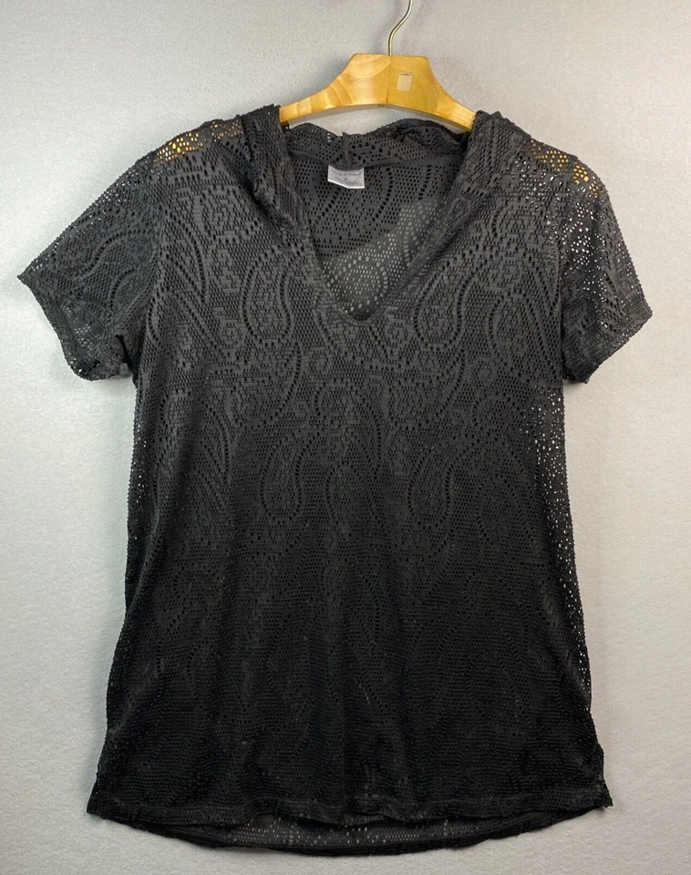 Cherie St Tropez Negro Capucha Cubre Mujer Talla Mediana Manga Corta Playa Natación Foto 1 de 4