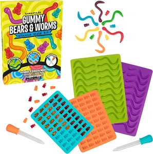 Gummy Bear & Worm Silicone Candy Molds, 4 Pack Set - Nonstick Trays with 2 Dropp - Picture 1 of 9