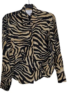 Vintage Tess 100% Silk Blouse  Zebra Print Button Up Long Sleeve Top Size 10 - Picture 1 of 12