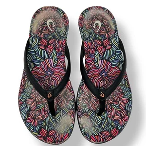 OLUKAI HO'OPIO HAU BEACH SANDALS FLIP FLOPS BLACK PINK FLORAL WOMEN US 8.5 - Picture 1 of 10