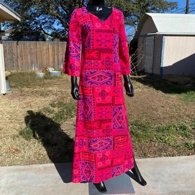 60s Psychedelic Print Maxi Hostess Dress Hawaiian Barkcloth Neon dragonfly Asian - Image 1 of 4