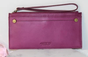 American Leather Co Bristow Leather Card Wallet Wristlet Eggplant Purple - Picture 1 of 12