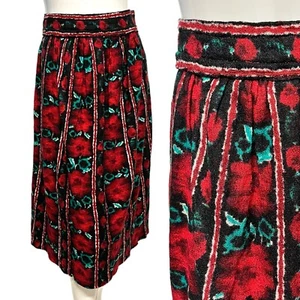 Vintage Skirt Red Rose Print Midi 10 Red/Blue Cottage/Gypsy/Peasant/Boho - Picture 1 of 5