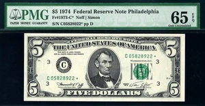 1974* $5 Philadelphia STAR Federal Reserve Note FRN • 1973-C* • PMG 65 EPQ - Picture 1 of 2