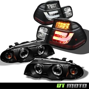 99-01 E46 3-Series Sedan Black Projector Headlights+Light Bar taillamps - Picture 1 of 3