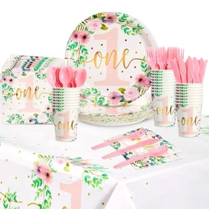 BLUE PANDA 145-Piece Floral Baby Girl's 1st Birthday Party Supplies & - Picture 1 of 9