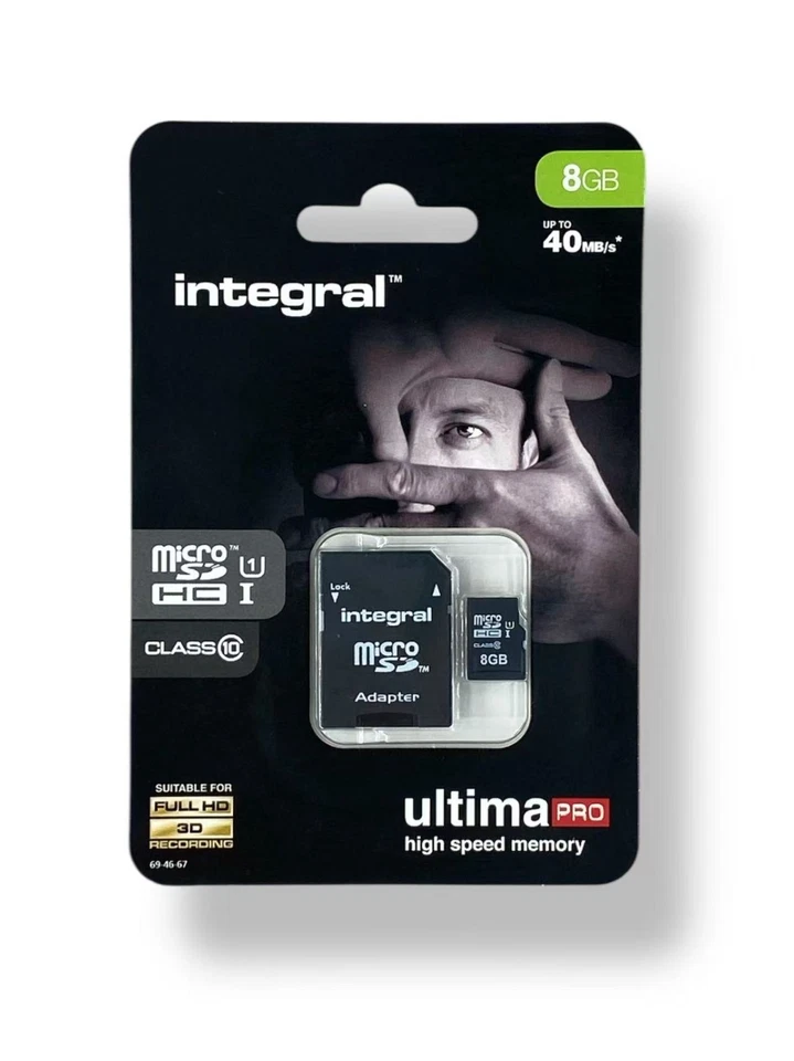 Carte mémoire Integral UltimaPro microSDHC 8Go(UHS-I U1/Class 10)avec adaptateur - Photo 1/2