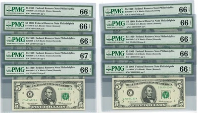 Fr. 1969C $5 1969 Federal Reserve Note 10 Consecutive 66-67 EPQ PMG DC-2661 - Image 1 of 3