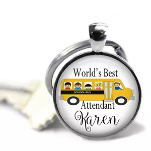 Personalized World's Best School Bus Attendant Glass Top Key Chain Handmade Gift - Picture 1 of 2