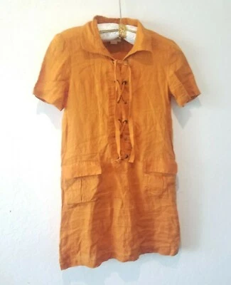 Anthropologie Maeve Womens Lace Up Linen Casual Dress Sz 2 Short Sleeve Mustard - Image 1 of 4