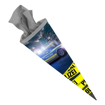 itenga Schultüte Zuckertüte 70cm rund Polizei Filzverschluss grau für Jungen