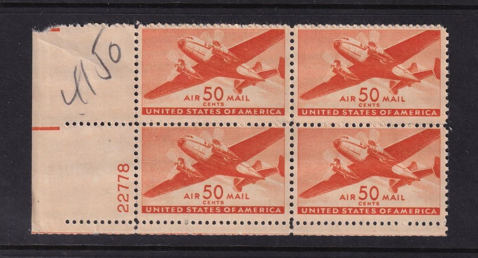 1946 Transport Plane Sc C31 50c Airmail MNH plate block Durland CV $60 (MS - Image 1 of 1