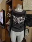 Ed Hardy Y2K NWT Gray Velour Butterfly Embroidered Ribbed Neck Sweatshirt Sm.