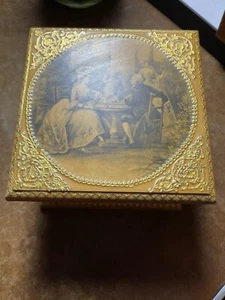 Vintage Florentiner goldfarbene Schmuckschatulle Bilder auf Deckel & Seiten Filzrücken - Bild 1 von 14