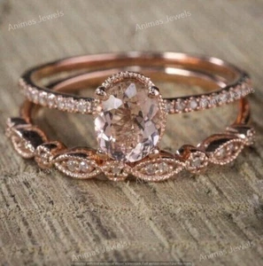 14K Rose Gold Plated 2.5 CT Oval Cut Simulated Morganite Bridal Wedding Ring Set - Picture 1 of 10