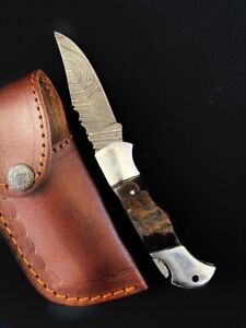 6.75" Clip Point Twist Damascus Steel Ram Horn Pocket Knife For Hunting OX 235.