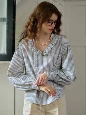 Eliana Trimmed Lace-up V-neck Striped Trimmed Sleeves Blouse Size Large - Изображение 1 из 4
